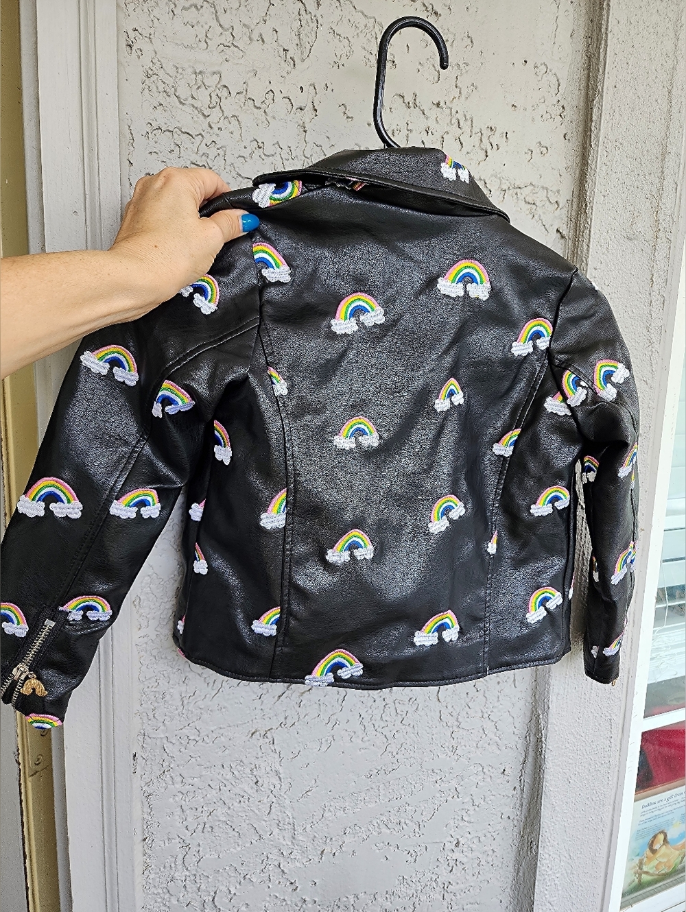 Lola The Boys Girls' Black Rainbow Embroidered Moto Jacket B12 - Picture 7 of 9